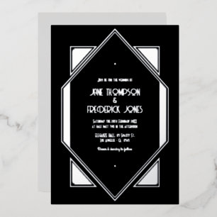 Invitación Con Relieve Metalizado Boda Art Déco Gatsby Negro y Plata