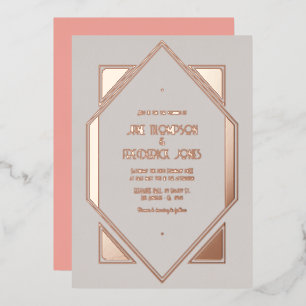 Invitación Con Relieve Metalizado Boda Art Déco Gris Pálido y Rosa Dorado Gatsby