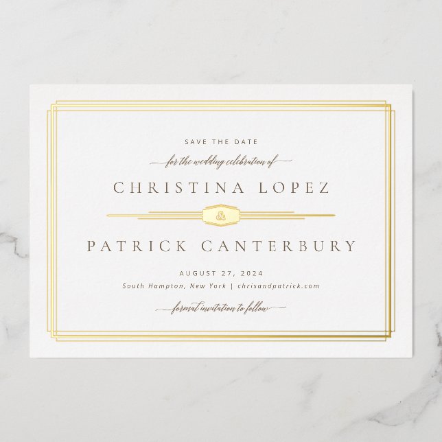 Invitación Con Relieve Metalizado Boda Art Deco Guardar La Fecha (Anverso)