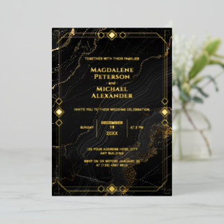 Invitación Con Relieve Metalizado Boda Art Deco Mármol Negro con Hoja de Oro de Lujo