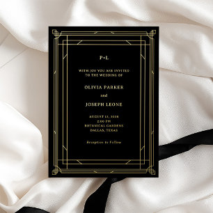 Invitación Con Relieve Metalizado Boda Art Déco Moderna Negro y Dorado