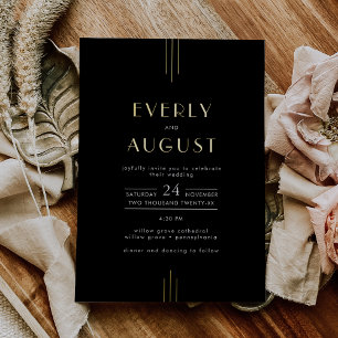 Invitación Con Relieve Metalizado Boda Art Déco Moderno de Hoja de Oro y Negro EVERL