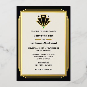 Invitación Con Relieve Metalizado Boda Art Déco Monograma Negro Oro