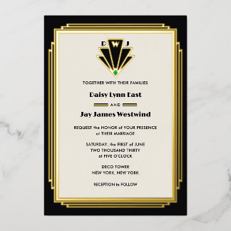 Invitación Con Relieve Metalizado Boda Art Déco Monograma Negro Oro