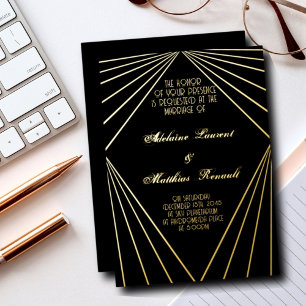 Invitación Con Relieve Metalizado Boda Art Deco Negro y Dorado 