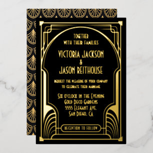 Invitación Con Relieve Metalizado Boda Art Deco Nouveau Oro y Boda negro