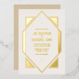 Invitación Con Relieve Metalizado Boda Art Déco Perla de Marfil y Oro Gatsby