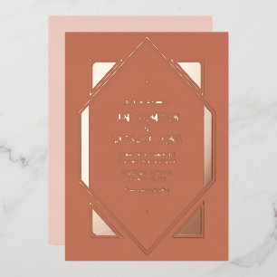 Invitación Con Relieve Metalizado Boda Art Déco Terracota y Rosa Dorado Gatsby