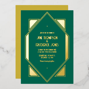 Invitación Con Relieve Metalizado Boda Art Déco Verde Esmeralda y Dorado Gatsby