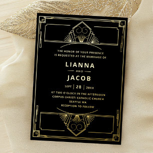 Invitación Con Relieve Metalizado Boda Art Déco Vintage de los años 20 con oro real