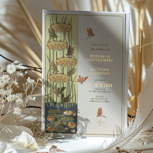 Invitación Con Relieve Metalizado Boda Art Nouveau con Libélula y Floral
