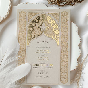 Invitación Con Relieve Metalizado Boda Art Nouveau de encaje cálido taupe y crema
