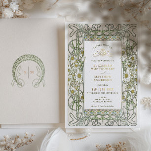 Invitación Con Relieve Metalizado Boda Art Nouveau de Margaritas Doradas Vintage