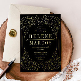 Invitación Con Relieve Metalizado Boda Art Nouveau Flujo de Líneas Negro Oro