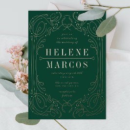 Invitación Con Relieve Metalizado Boda Art Nouveau Línea Fluida Bosque Verde