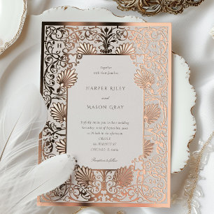 Invitación Con Relieve Metalizado Boda Art Nouveau Rosa Dorado con Hojas de Oro en C