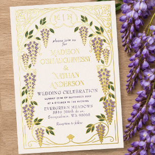 Invitación Con Relieve Metalizado Boda Art Nouveau Vintage con glicinas púrpuras