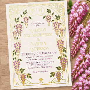 Invitación Con Relieve Metalizado Boda Art Nouveau Vintage con glicinas rosas