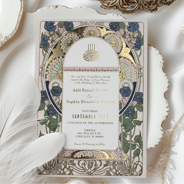 Invitación Con Relieve Metalizado Boda azul de la marina islámica Art Nouveau Mucha (Subido por el creador)