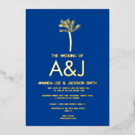 Invitación Con Relieve Metalizado Boda azul del árbol de palmera dorado minimalista