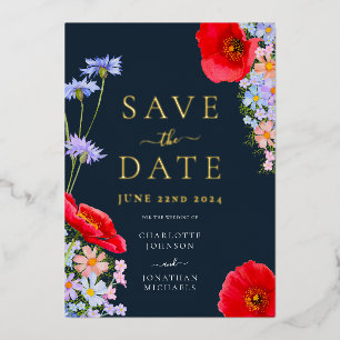 Invitación Con Relieve Metalizado Boda Azul Dorado Flor Silvestre Moderna
