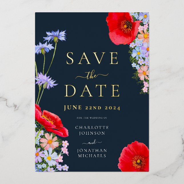 Invitación Con Relieve Metalizado Boda Azul Dorado Flor Silvestre Moderna (Anverso)