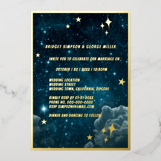 Invitación Con Relieve Metalizado boda azul galaxia (Anverso)