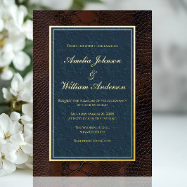 Invitación Con Relieve Metalizado Boda azul marrón piel de serpiente de cuero victor