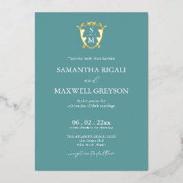 Invitación Con Relieve Metalizado Boda azul monograma simple