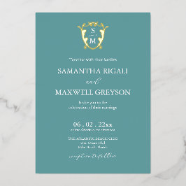 Invitación Con Relieve Metalizado Boda azul monograma simple