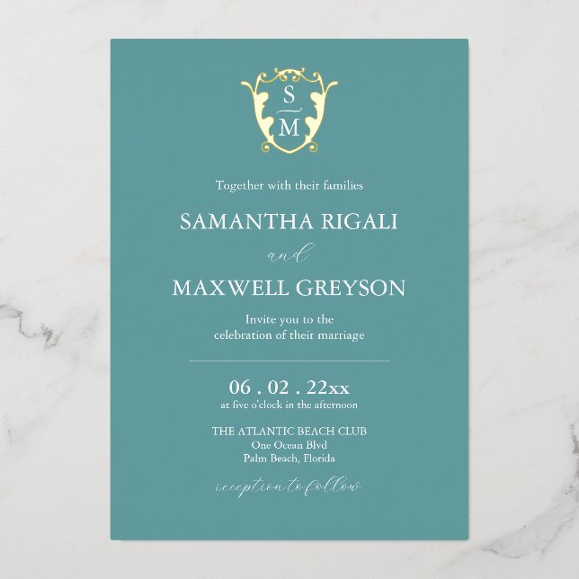 Invitación Con Relieve Metalizado Boda azul monograma simple (Anverso)
