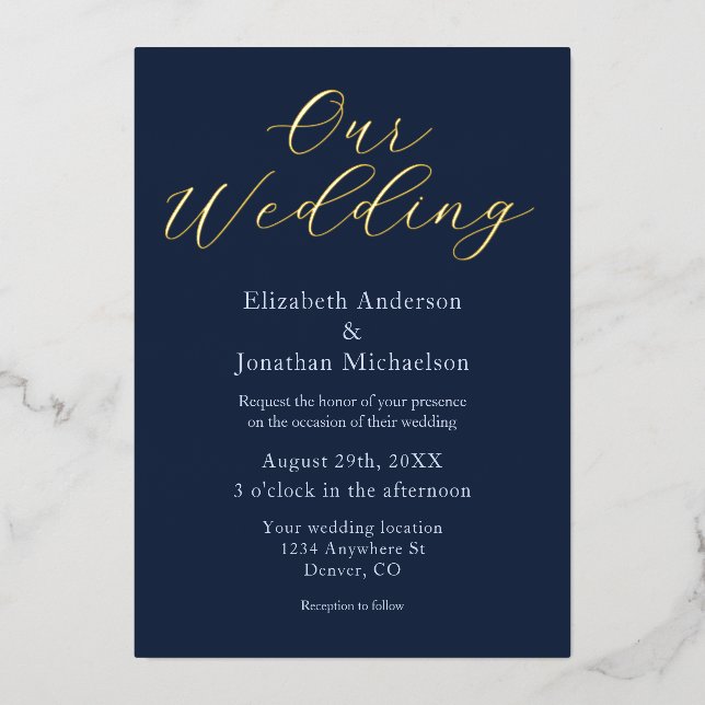 Invitación Con Relieve Metalizado Boda azul opulento (Anverso)