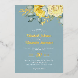 Invitación Con Relieve Metalizado Boda azul polvoriento de color amarillo con clase