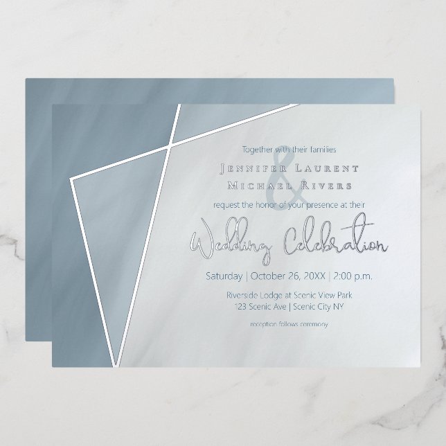 Invitación Con Relieve Metalizado boda azul polvoriento de marco asimétrico con plat (Anverso/Reverso)
