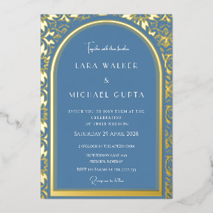 Invitación Con Relieve Metalizado Boda Azul Polvoriento (Punteado Retro)