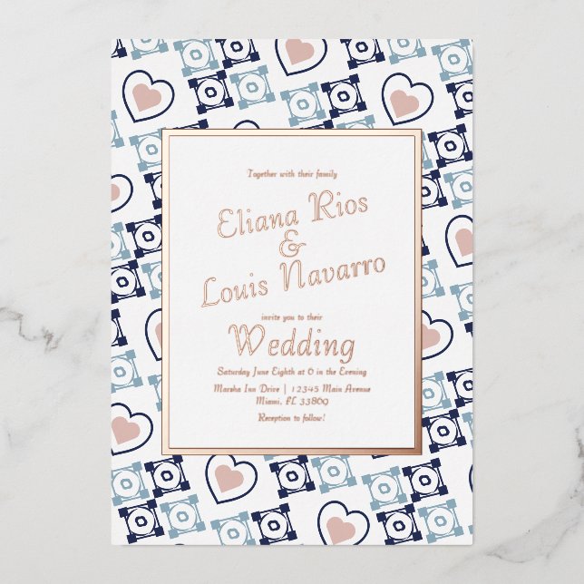 Invitación Con Relieve Metalizado Boda azul Talavera  en mosaico mexicano (Anverso)