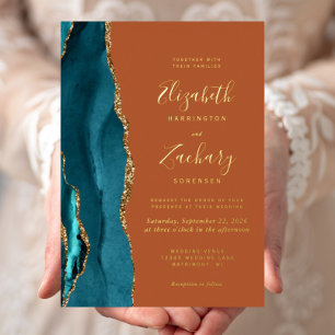 Invitación Con Relieve Metalizado Boda Azul Teal Oro Agata Oxidada Moderna