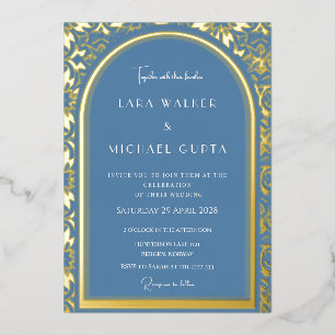 Invitación Con Relieve Metalizado Boda azul turbio (retro-puntado)