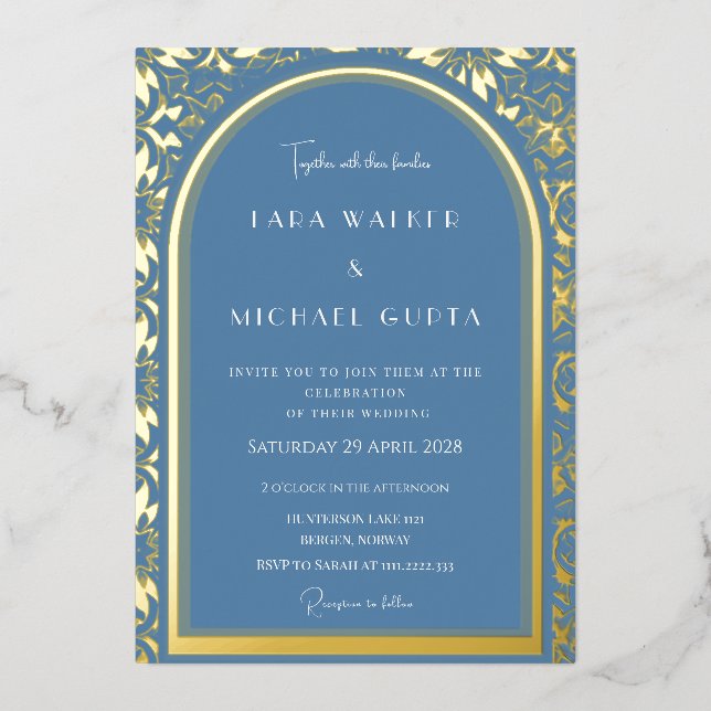 Invitación Con Relieve Metalizado Boda azul turbio (retro-puntado) (Anverso)