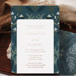 Invitación Con Relieve Metalizado Boda Blanca Botánica Azul Marino de Invierno