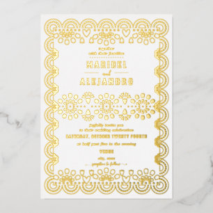 Invitación Con Relieve Metalizado Boda Blanca Floral Papel Picado México con Volante