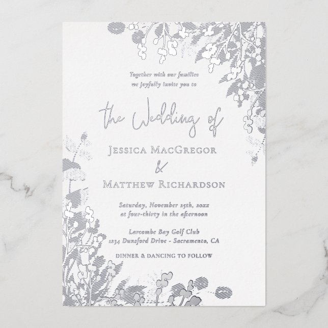 Invitación Con Relieve Metalizado Boda blanco clásico plateado (Anverso)