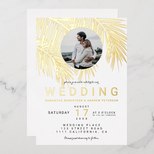 Invitación Con Relieve Metalizado Boda blanco de palmera dorada de foto tropical mod (Anverso/Reverso)