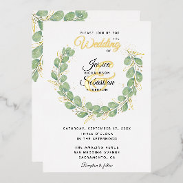 Invitación Con Relieve Metalizado Boda blanco Eucalyptus Greenery Wreath Gold