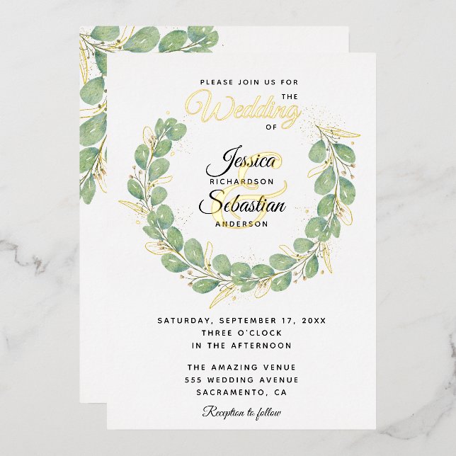 Invitación Con Relieve Metalizado Boda blanco Eucalyptus Greenery Wreath Gold (Anverso/Reverso)