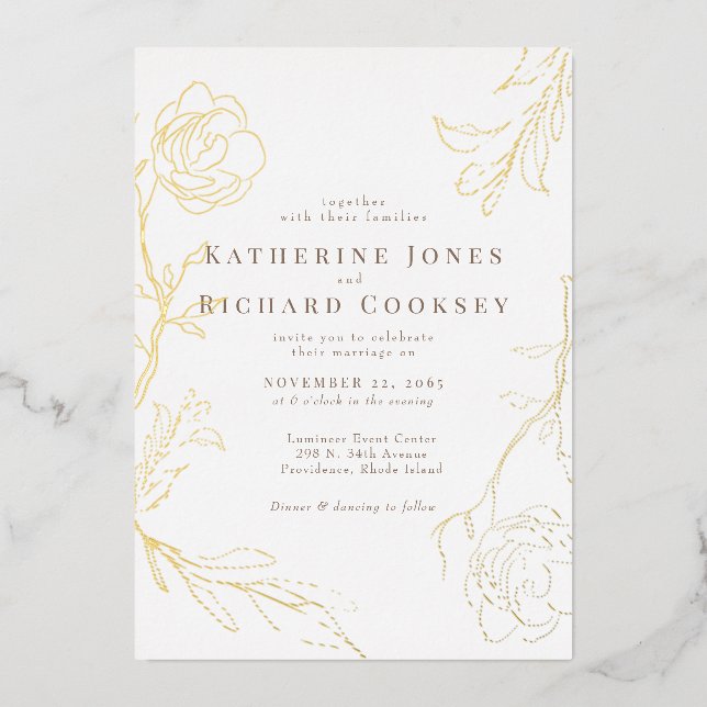 Invitación Con Relieve Metalizado Boda blanco floral elegante oro (Anverso)