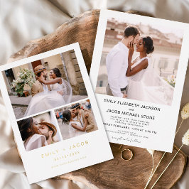 Invitación Con Relieve Metalizado Boda Blanco minimalista Elegante Cuatro Foto Oro