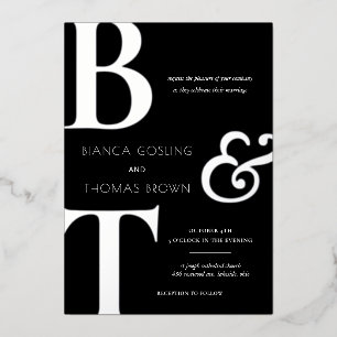Invitación Con Relieve Metalizado Boda blanco y negro de los primeros monogramas del