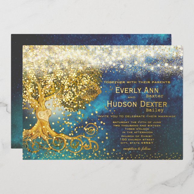 Invitación Con Relieve Metalizado Boda Blue & Gold (Anverso/Reverso)