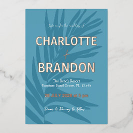 Invitación Con Relieve Metalizado Boda Blue Tropical Palm Leaf
